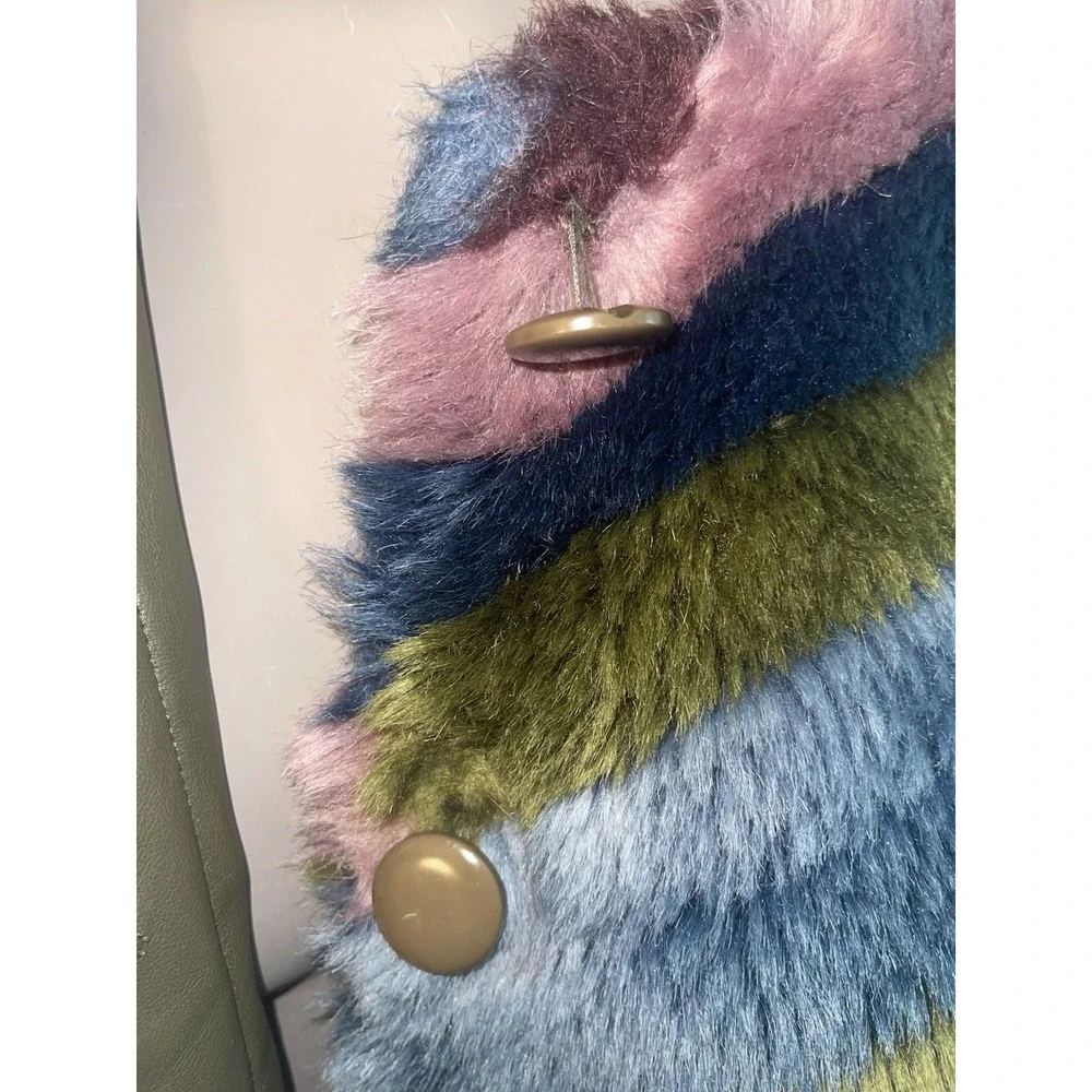 Anthropologie Hutch Chevron‎ Faux Fur Coat Size Small Rainbow Green Blue Pink